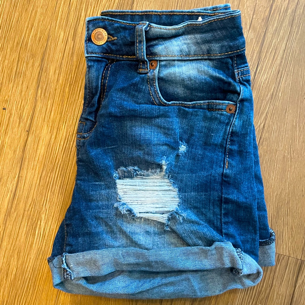 Dark-wash size 3 shorts, decent stretch